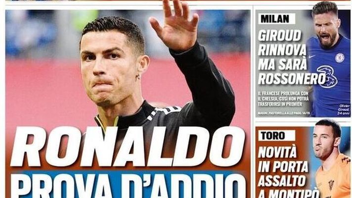 Prima Pagina, Tuttosport: &#8220;&#8221;Ronaldo, prova d&#8217;addio. Italia, puoi sognare&#8221; 