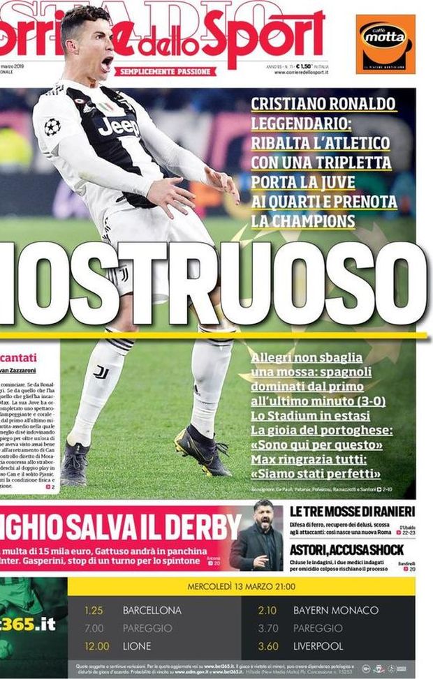 Prima Pagina, Corriere dello Sport: “Mostruoso. Ringhio salva il derby. Le tre mosse di Ranieri…” Prima Pagina, Corriere dello Sport: “Mostruoso. Ringhio salva il derby. Le tre mosse di Ranieri…”