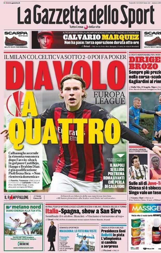  La prima pagine de La Gazzetta dello Sport, in edicola oggi 4 dicembre 2020 