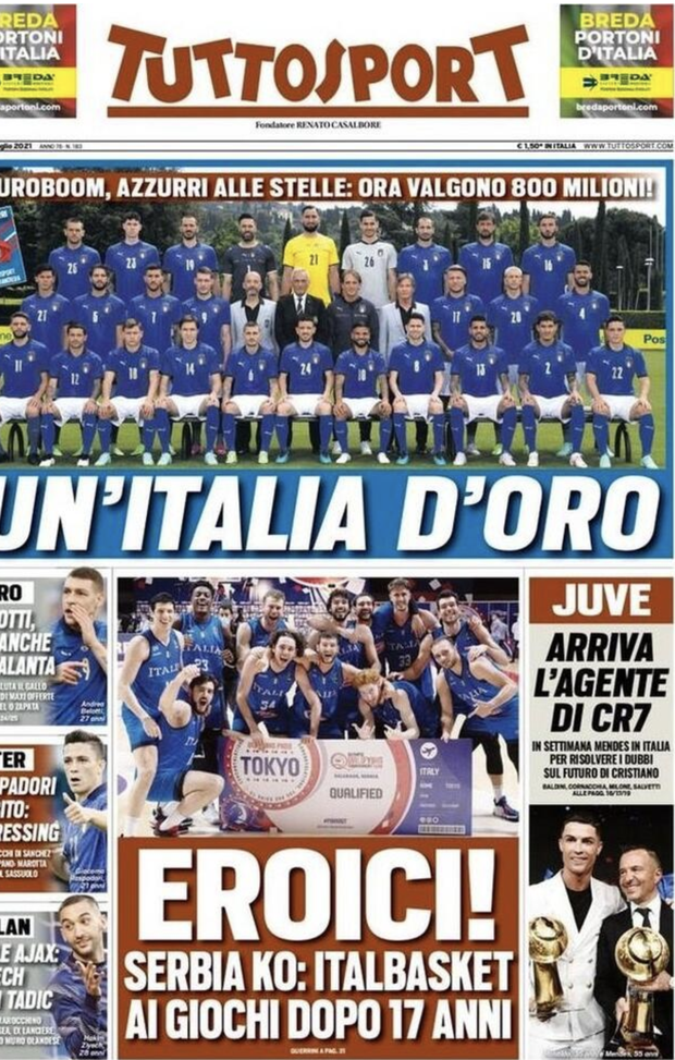 Prima Pagina, Tuttosport: &#8220;Italia d&#8217;oro. Azzurri alle stelle, valgono 800 milioni&#8221; 
