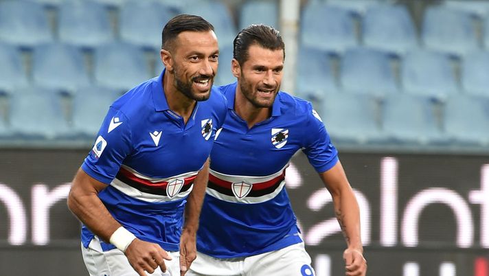 GENOA, ITALY - SEPTEMBER 26: Fabio Quagliarella and Antonio Candreva of UC Sampdoria celebrate after first goal during the Serie A match between UC Sampdoria and Benevento Calcio at Stadio Luigi Ferraris on September 26, 2020 in Genoa, Italy. (Photo by Paolo Rattini/Getty Images) GENOA, ITALY - SEPTEMBER 26: Fabio Quagliarella and Antonio Candreva of UC Sampdoria celebrate after first goal during the Serie A match between UC Sampdoria and Benevento Calcio at Stadio Luigi Ferraris on September 26, 2020 in Genoa, Italy. (Photo by Paolo Rattini/Getty Images)
