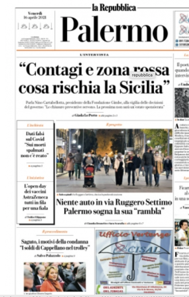 Prima Pagina, La Repubblica Palermo: “Contagi e zona rossa, cosa rischia la Sicilia” Prima Pagina, La Repubblica Palermo: “Contagi e zona rossa, cosa rischia la Sicilia”
