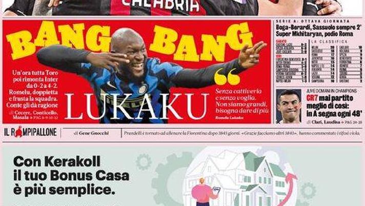 La Gazzetta dello Sport, la prima pagina di oggi, lunedì 23 novembre 2020 