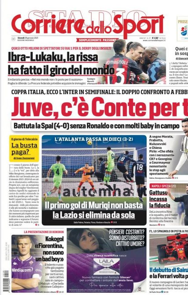 Prima Pagina, Corriere dello Sport: “Juve, c’è Conte per te. La Lazio si elimina da sola”  Prima Pagina, Corriere dello Sport: “Juve, c’è Conte per te. La Lazio si elimina da sola”