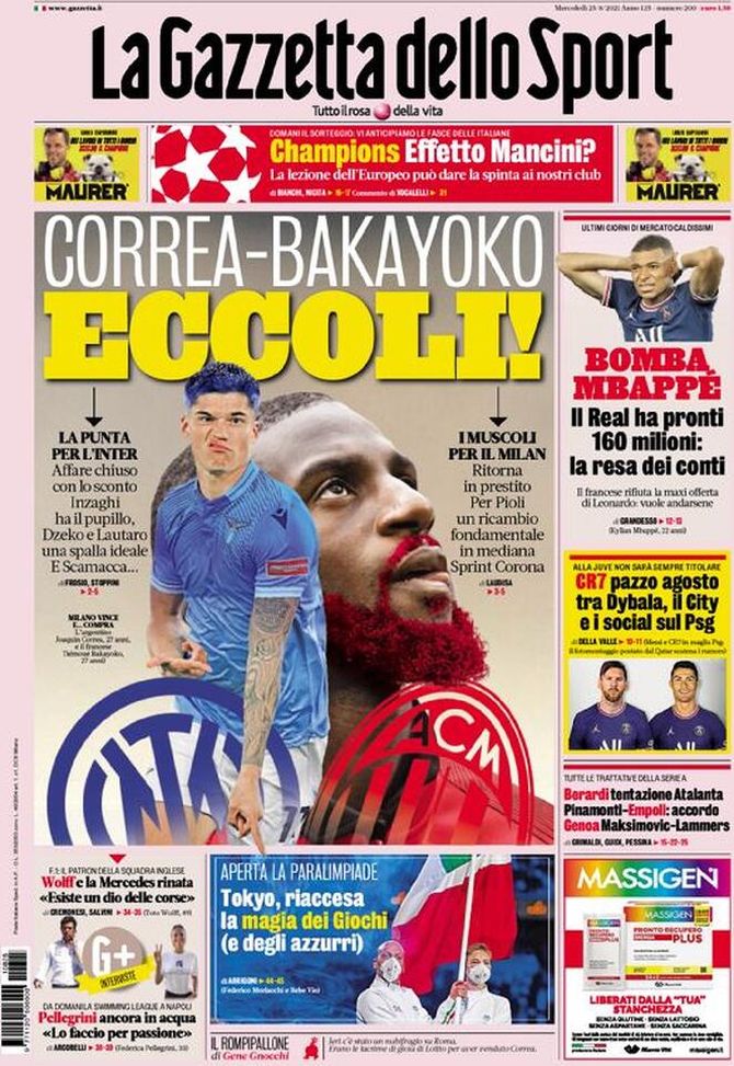 Prima Pagina, La Gazzetta dello Sport: “Correa-Bakayoko, eccoli!&#8221; 