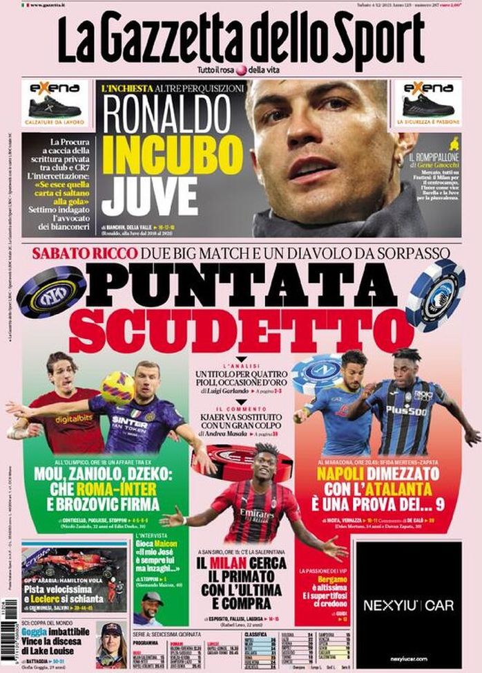 Prima Pagina, La Gazzetta dello Sport: “”Puntata Scudetto! Ronaldo, incubo Juve” - immagine 1