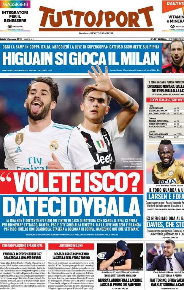 Prima Pagina, Tuttosport: “Volete Isco? Dateci Dybala. Higuain si gioca il Milan. Davies, che storia…” Prima Pagina, Tuttosport: “Volete Isco? Dateci Dybala. Higuain si gioca il Milan. Davies, che storia…”