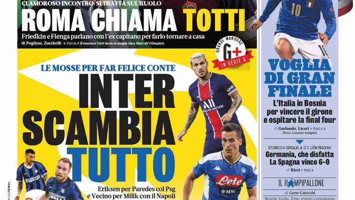 La Gazzetta dello Sport, la prima pagina di oggi, mercoledì 18 novembre 2020 