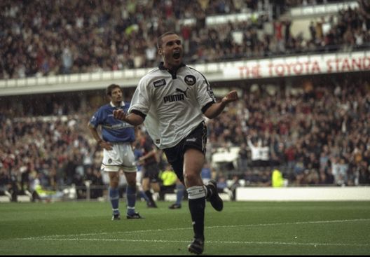 14 Sep 1997: Francesco Baiano of Derby County celebrates during the FA Carling Premiership match against Everton at the Pride Park Stadium in Derby, England. Mandatory Credit: Allsport UK /Allsport 14 Sep 1997: Francesco Baiano of Derby County celebrates during the FA Carling Premiership match against Everton at the Pride Park Stadium in Derby, England. Mandatory Credit: Allsport UK /Allsport