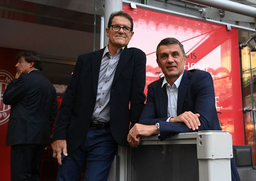 MILAN, ITALY - OCTOBER 22: Paolo Maldini and Fabio Capello attend before the Serie A match between AC Milan and AC Monza at Stadio Giuseppe Meazza on October 22, 2022 in Milan, Italy . (Photo by Claudio Villa/AC Milan via Getty Images)