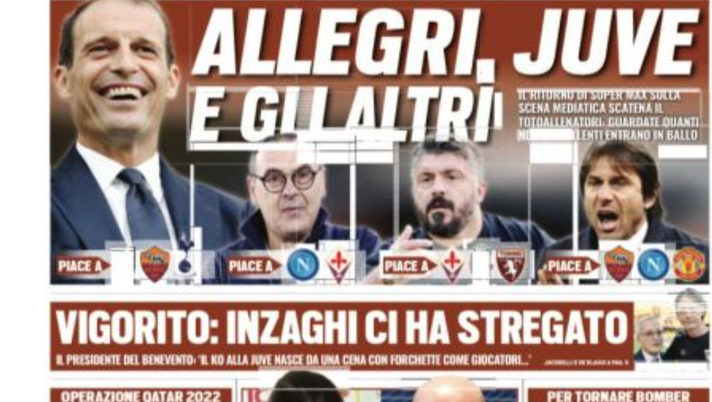 Prima Pagina, Tuttosport: “Allegri, Juve e gli altri. Il Gallo canta in Nazionale”  Prima Pagina, Tuttosport: “Allegri, Juve e gli altri. Il Gallo canta in Nazionale”