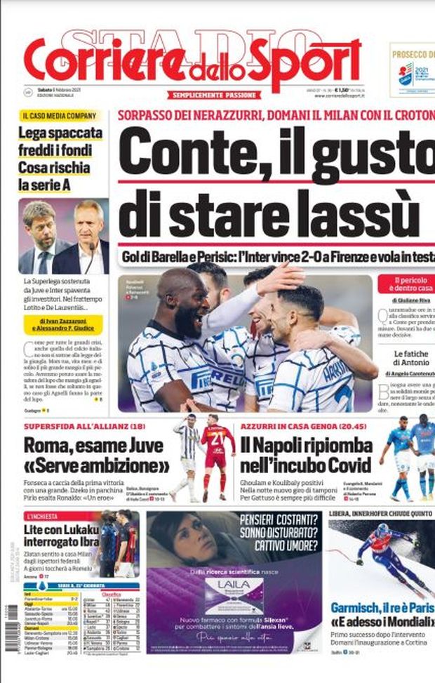 Prima Pagina, Corriere dello Sport: “Conte, il gusto di stare lassù. Il Napoli ripiomba nell’incubo Covid” 