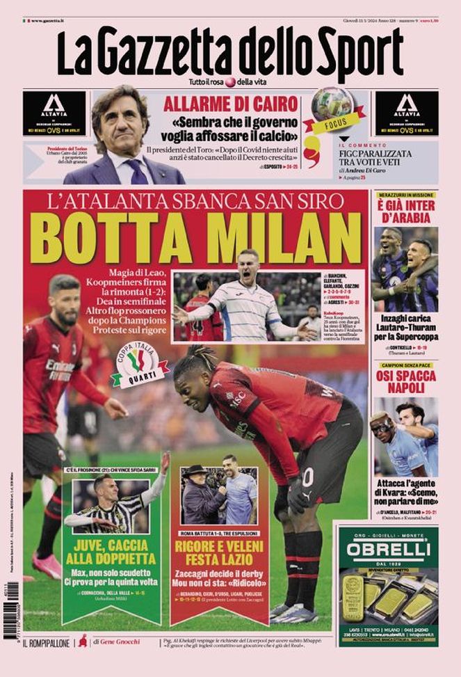 La prima pagina de La Gazzetta dello Sport 11-01-2024