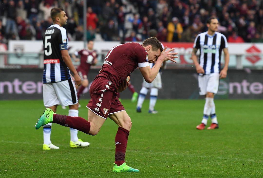  TURIN, ITALY - APRIL 02:  Andrea Belotti of FC Torino celebrates a goal during the Serie A match between FC Torino and Udinese Calcio at Stadio Olimpico di Torino on April 2, 2017 in Turin, Italy.  (Photo by Valerio Pennicino/Getty Images) 