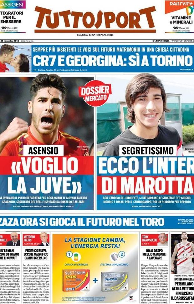 Prima Pagina, Tuttosport: “Asensio: ‘Voglio la Juve’. Ecco l’Inter di Marotta. CR7 e Georgina: sì a Torino…” Prima Pagina, Tuttosport: “Asensio: ‘Voglio la Juve’. Ecco l’Inter di Marotta. CR7 e Georgina: sì a Torino…”