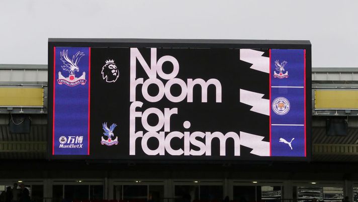 LONDON, ENGLAND - NOVEMBER 03: No room for racism is displayed on the screen during the Premier League match between Crystal Palace and Leicester City at Selhurst Park on November 03, 2019 in London, United Kingdom. (Photo by Catherine Ivill/Getty Images) LONDON, ENGLAND - NOVEMBER 03: No room for racism is displayed on the screen during the Premier League match between Crystal Palace and Leicester City at Selhurst Park on November 03, 2019 in London, United Kingdom. (Photo by Catherine Ivill/Getty Images)