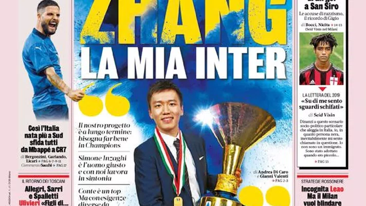 Prima Pagina, La Gazzetta dello Sport: “Zhang, la mia inter. Insigne alle stelle”