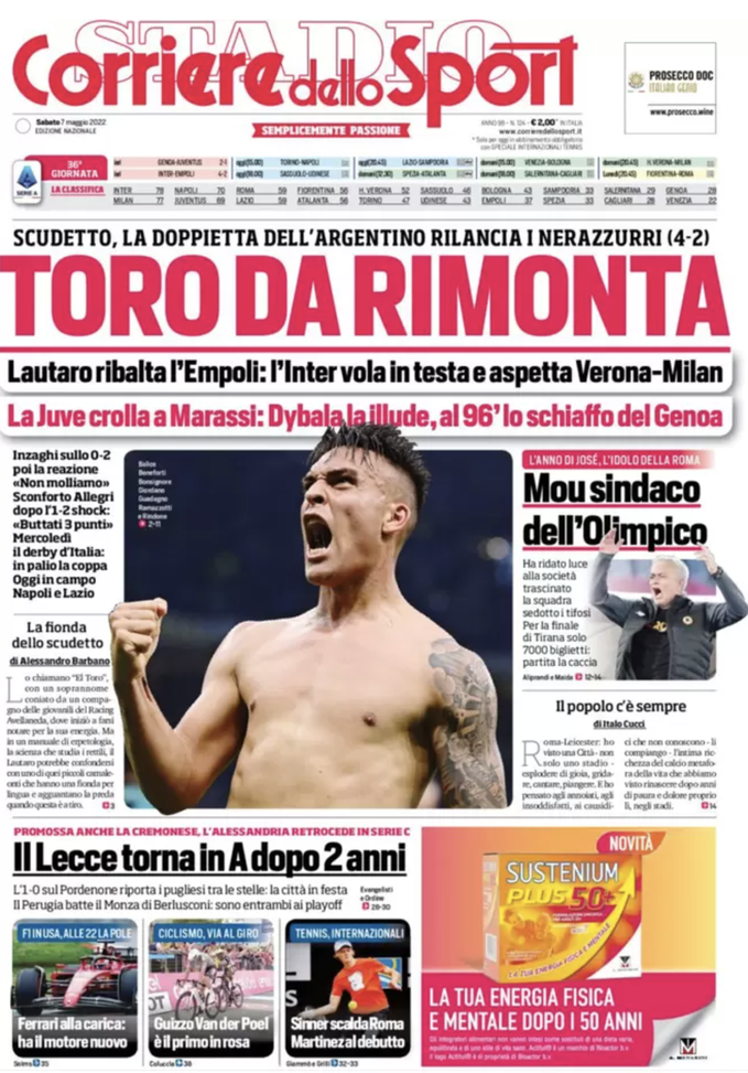 Prima Pagina, Corriere dello Sport: “Toro da rimonta. La Juve crolla, Mou sindaco”  prima pagina