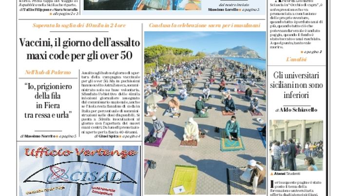 Prima Pagina, La Repubblica-Palermo: “Turismo, l’estate del boom. Vaccini, il giorno dell’assalto”  Prima Pagina, La Repubblica-Palermo: “Turismo, l’estate del boom. Vaccini, il giorno dell’assalto”