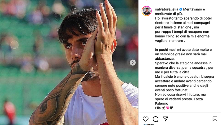 Palermo, Elia ai tifosi: “Meritavate di più. Futuro? Spero di vedervi presto”  Palermo