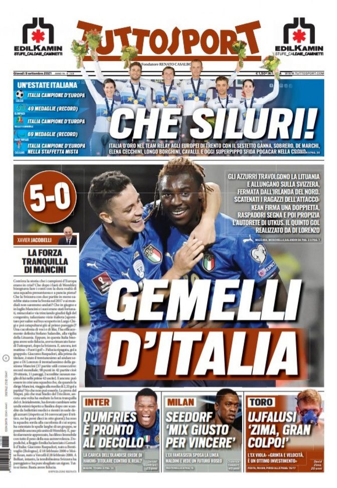 Prima Pagina, Tuttosport: “Gemelli d’Italia. Scatenati i ragazzi dell’attacco“ Prima Pagina, Tuttosport: “Gemelli d’Italia. Scatenati i ragazzi dell’attacco“