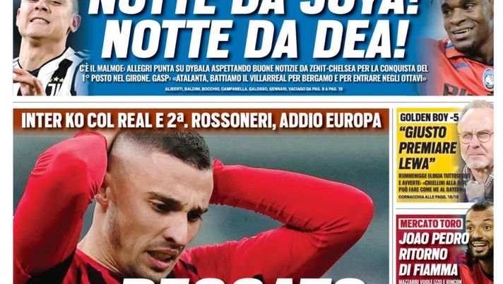 Prima Pagina, Tuttosport: “Peccato, Milan. Notte da Joya! Notte da Dea!” - immagine 1