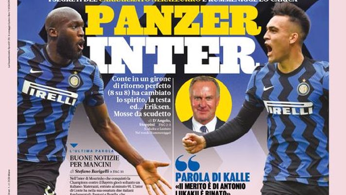 Prima Pagina, La Gazzetta dello Sport: “Panzer Inter. Real, la Dea ci crede. CR7, Zidane ci pensa” 