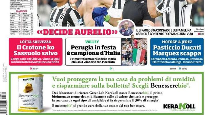 Prima Pagina, Corriere dello Sport: “Juve, è tuo! Champions Roma, frena la Lazio e vola l’Inter. San Paolo con Sarri: ‘Decide Aurelio’…” 