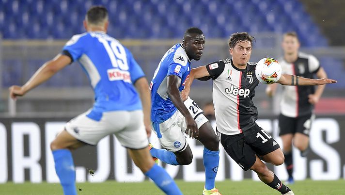 ROME, ITALY - JUNE 17: Paulo Dybala of Juventus battles for possession with Kalidou Koulibaly of SSC Napoli during the Coppa Italia Final match between Juventus and SSC Napoli at Olimpico Stadium on June 17, 2020 in Rome, Italy. (Photo by Daniele Badolato - Juventus FC/Juventus FC via Getty Images) ROME, ITALY - JUNE 17: Paulo Dybala of Juventus battles for possession with Kalidou Koulibaly of SSC Napoli during the Coppa Italia Final match between Juventus and SSC Napoli at Olimpico Stadium on June 17, 2020 in Rome, Italy. (Photo by Daniele Badolato - Juventus FC/Juventus FC via Getty Images)
