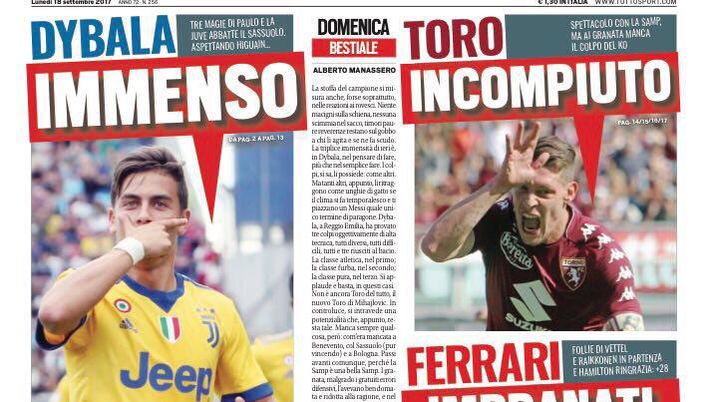 Prima Pagina, Tuttosport: “Dybala immenso, aspettando Higuain… Toro incompiuto. Napoli, festival da primato”  Prima Pagina, Tuttosport: “Dybala immenso, aspettando Higuain… Toro incompiuto. Napoli, festival da primato”