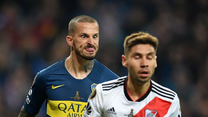 MADRID, SPAIN - DECEMBER 09: Dario Benedetto of Boca Juniors pulls a face at Gonzalo Montiel of River Plate as he celebrates after scoring his team's first goal during the second leg of the final match of Copa CONMEBOL Libertadores 2018 between Boca Juniors and River Plate at Estadio Santiago Bernabeu on December 9, 2018 in Madrid, Spain. Due to the violent episodes of November 24th at River Plate stadium, CONMEBOL rescheduled the game and moved it out of Americas for the first time in history. (Photo by Matthias Hangst/Getty Images) MADRID, SPAIN - DECEMBER 09: Dario Benedetto of Boca Juniors pulls a face at Gonzalo Montiel of River Plate as he celebrates after scoring his team's first goal during the second leg of the final match of Copa CONMEBOL Libertadores 2018 between Boca Juniors and River Plate at Estadio Santiago Bernabeu on December 9, 2018 in Madrid, Spain. Due to the violent episodes of November 24th at River Plate stadium, CONMEBOL rescheduled the game and moved it out of Americas for the first time in history. (Photo by Matthias Hangst/Getty Images)