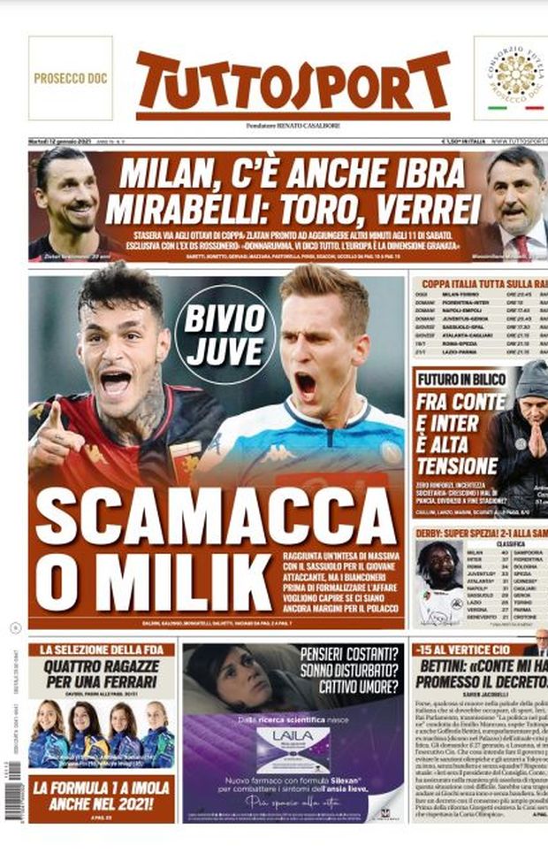 Prima Pagina, Tuttosport: “Bivio Juve, Scamacca o Milik. Fra Conte e Inter è alta tensione” Prima Pagina, Tuttosport: “Bivio Juve, Scamacca o Milik. Fra Conte e Inter è alta tensione”