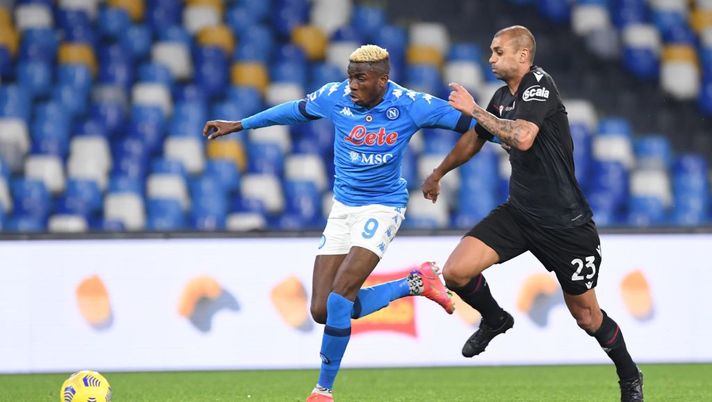 NAPLES, ITALY - MARCH 07: Vìctor Osimhen of Napoli scores the 2-0 goal  of Napoli during the Serie A match between SSC Napoli  and Bologna FC at Stadio Diego Armando Maradona on March 07, 2021 in Naples, Italy. (Photo by SSC NAPOLI/SSC NAPOLI via Getty Images) 