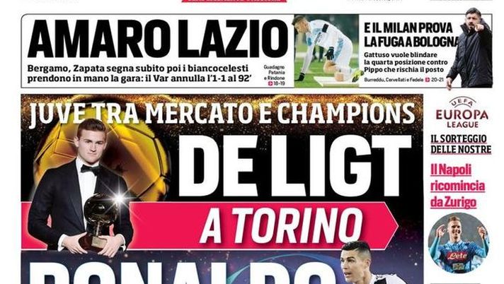 Prima Pagina, Corriere dello Sport: “De Ligt a Torino, Ronaldo a Madrid. Amaro Lazio. La FIGC allunga il mercato…” 