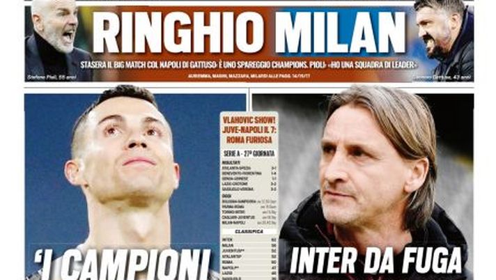 Prima Pagina, Tuttosport: “Ringhio Milan. Ronaldo si ribella alle critiche. Inter da fuga” Prima Pagina, Tuttosport: “Ringhio Milan. Ronaldo si ribella alle critiche. Inter da fuga”