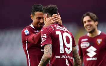  TURIN, ITALY - APRIL 03: Antonio Sanabria of Torino F.C. celebrates with teammate Armando Izzo after scoring their team's second goal during the Serie A match between Torino FC and Juventus at Stadio Olimpico di Torino on April 03, 2021 in Turin, Italy. Sporting stadiums around Italy remain under strict restrictions due to the Coronavirus Pandemic as Government social distancing laws prohibit fans inside venues resulting in games being played behind closed doors. (Photo by Valerio Pennicino/Getty Images)