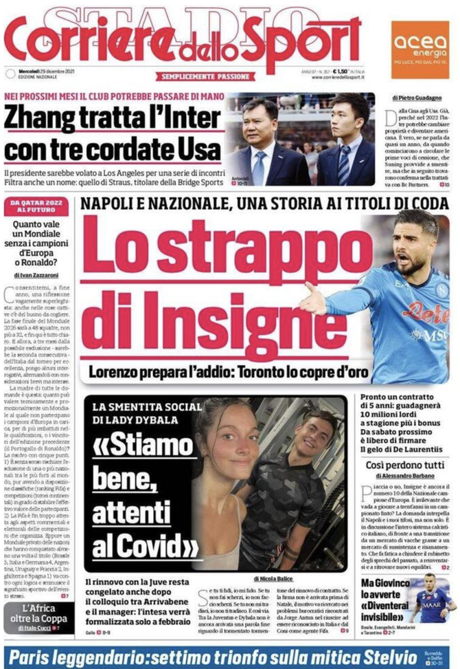 Prima Pagina, Corriere dello Sport: “Lo strappo di Insigne. Zhang tratta l’Inter” prima pagina