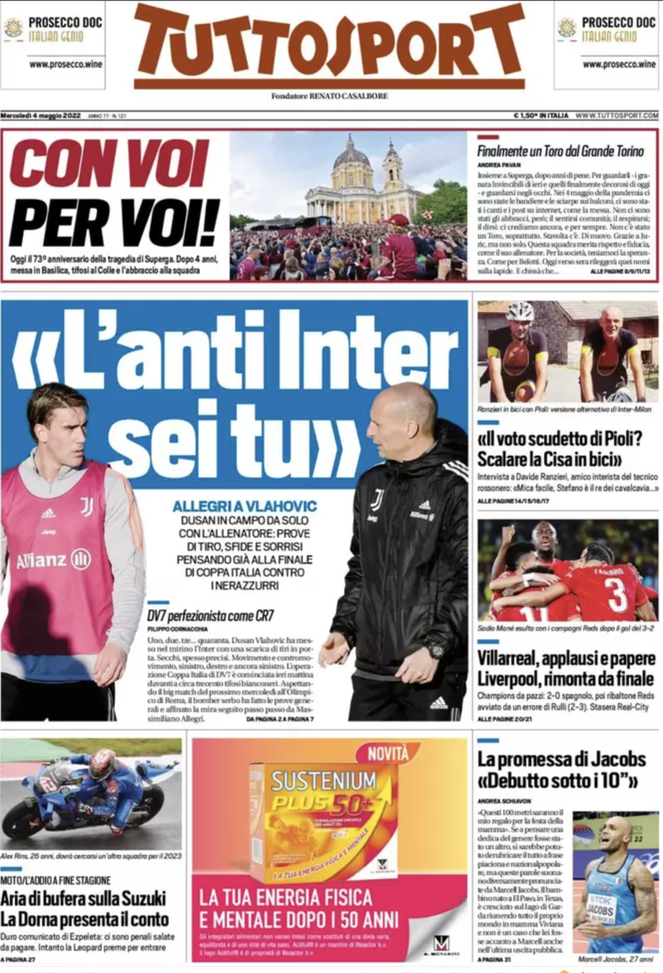 Prima Pagina, Tuttosport: “Allegri-Vlahovic, l’anti-Inter sei tu. Liverpool rimonta” prima pagina