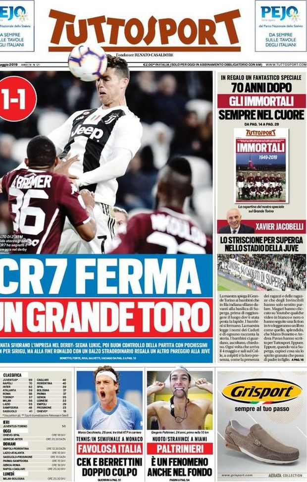 Prima Pagina, Tuttosport: “CR7 ferma un grande Toro. Gli Immortali sempre nel cuore” Prima Pagina, Tuttosport: “CR7 ferma un grande Toro. Gli Immortali sempre nel cuore”