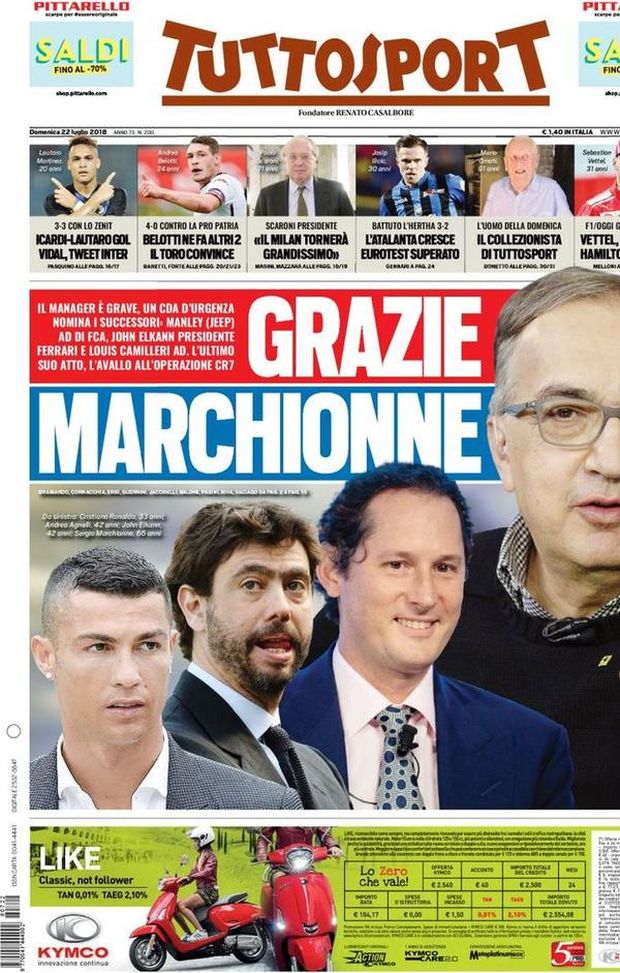 Prima Pagina, Tuttosport: “Grazie Marchionne. Vidal, tweet Inter. Atalanta, eurotest superato…” Prima Pagina, Tuttosport: “Grazie Marchionne. Vidal, tweet Inter. Atalanta, eurotest superato…”