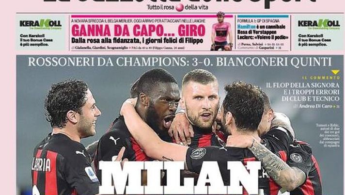 Prima Pagina, La Gazzetta dello Sport: “Milan meraviglia! Juve schiantata”  Prima Pagina, La Gazzetta dello Sport: “Milan meraviglia! Juve schiantata”