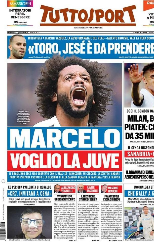Prima Pagina, Tuttosport: “Marcelo: voglio la Juve. Milan, ecco Piatek. CR7, invitami a cena…” Prima Pagina, Tuttosport: “Marcelo: voglio la Juve. Milan, ecco Piatek. CR7, invitami a cena…”