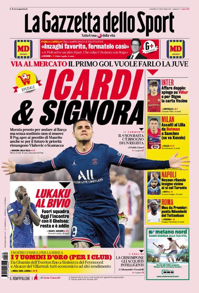 Prima Pagina, La Gazzetta dello Sport: “Icardi & Signora. Lukaku al bivio. Inter…” - immagine 1
