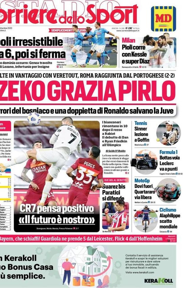 CORRIERE DELLO SPORT – La prima pagina di oggi, 28 settembre 2020 