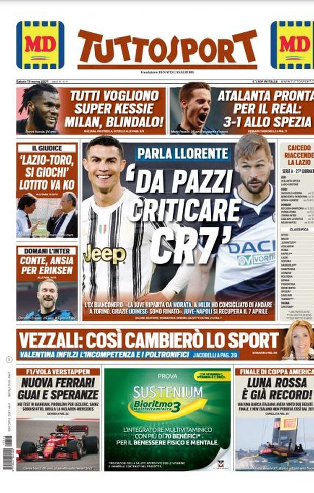 Prima Pagina, Tuttosport: “Da pazzi criticare CR7! Tutti vogliono super Kessie, Milan blindalo&#8221; 