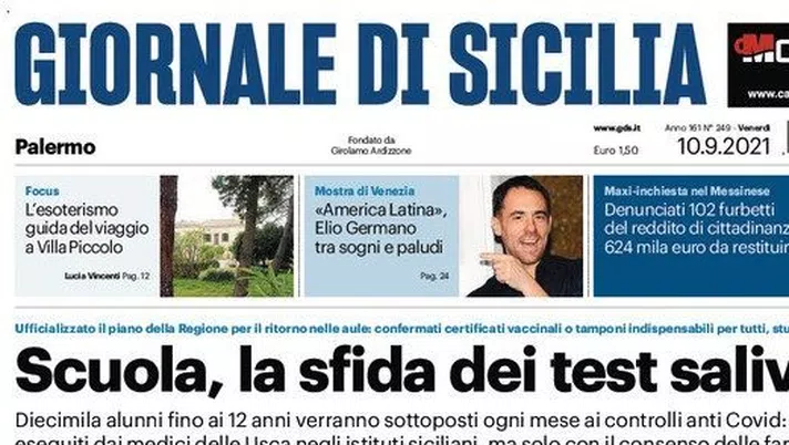 Prima Pagina, Giornale di Sicilia: &#8220;Scuola, la sfida dei test salivari&#8221;