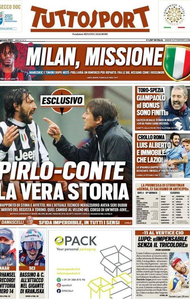 Prima pagina, Tuttosport: “Milan, missione. Pirlo-Conte, la vera storia&#8221; 