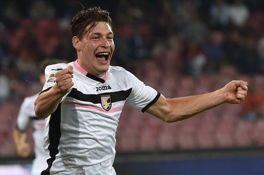 NAPLES, ITALY - SEPTEMBER 24: Andrea Belotti of Palermo celebrates after scoring the second equalizing goal (3-3) during the Serie A match between SSC Napoli and US Citta di Palermo at Stadio San Paolo on September 24, 2014 in Naples, Italy. (Photo by Tullio M. Puglia/Getty Images) NAPLES, ITALY - SEPTEMBER 24: Andrea Belotti of Palermo celebrates after scoring the second equalizing goal (3-3) during the Serie A match between SSC Napoli and US Citta di Palermo at Stadio San Paolo on September 24, 2014 in Naples, Italy. (Photo by Tullio M. Puglia/Getty Images)