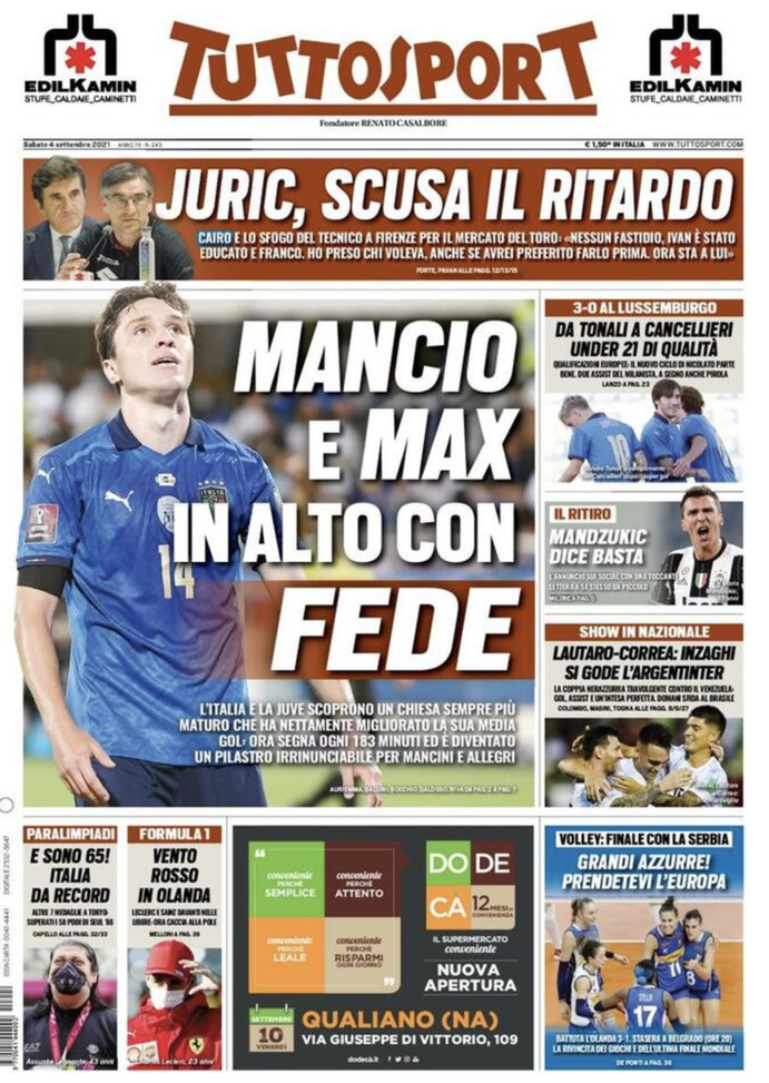 Prima Pagina, Tuttosport: &#8220;Mancio e Max in alto con Chiesa. Lautaro-Correa show&#8221; 