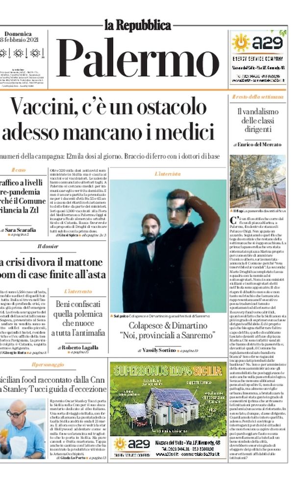 Prima Pagina, La Repubblica-Palermo: “Vaccini, c’è un ostacolo. Adesso mancano i medici” 